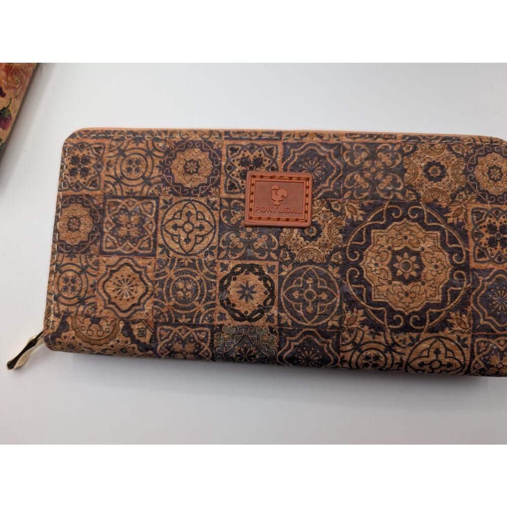 Portugal Cork Wallet Women's Zip Around Organizer Clutch Azulejo Tile Pattern